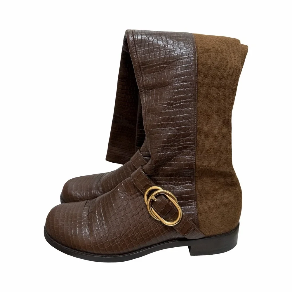 Stuart Weitzman Siella Croc Embossed Leather Over the Knee Boots‎ Size 7.5 Brown